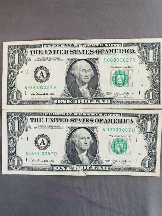 2013 $1 Dollar Note Low Serial Number 00000027 And 00000087 Rare Bill