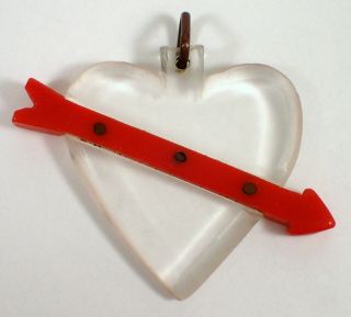 Rare Vtg Wwii Era Carved Clear Lucite Plastic Heart W Red Arrow Necklace Pendant