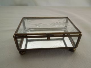 Vintage Glass & Brass Trinket Box Footed W/ Hinged Etched Lid & Mirrored Bottom