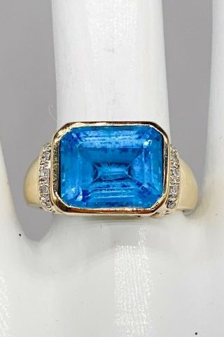 Rare $1800 7ct Natural Emerald Cut Blue Topaz Diamond 10k Yellow Gold Band Ring