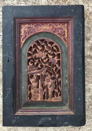 Oriental Asian Chinese Style Carved Wood Panel Cabinet Door Hanging Art Painted