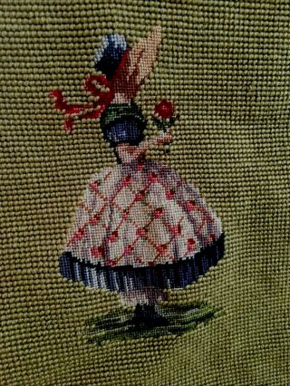Antique Vintage Needlepoint Petit Point Chair Seat Cover Green Victorian Girl