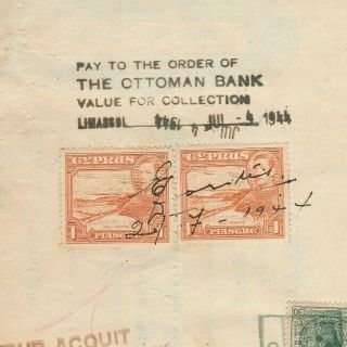 Cyprus - Egypt Rare Ottoman Bank Transfer Tied 2 P.  As Revenue Limassol 1944