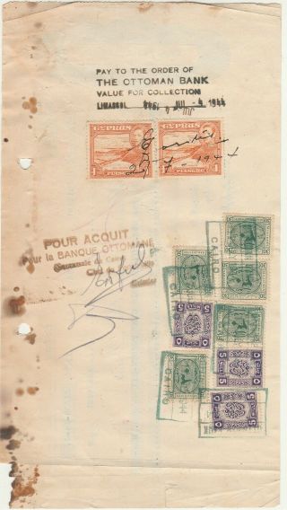 CYPRUS - EGYPT Rare Ottoman Bank Transfer Tied 2 p.  as Revenue Limassol 1944 2