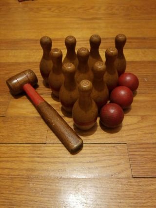 Vintage Miniature Bowling 10 - Pin Set - Antique Wooden Bowling Sport Game