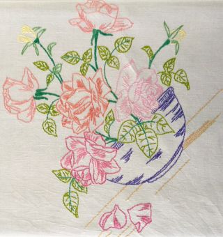 Vintage Stunning Hand Embroidered Linen Tablecloth Pots Of Garden Roses