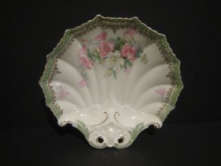 Antique R.  S.  Prussia Red Mark Scalloped Shell Plate Gold Gilt Pink White Flowers