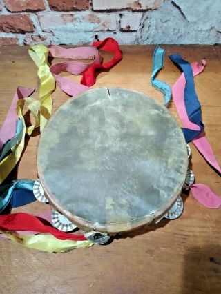 Antique Tambourine With Double Row Of Jingles And Fringe