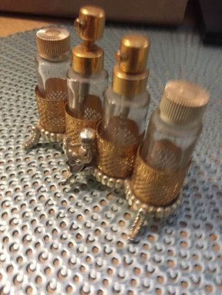 Vintage Miniature Gold Filigree Glass Mini Perfume Bottles Ornate Cherub Rare