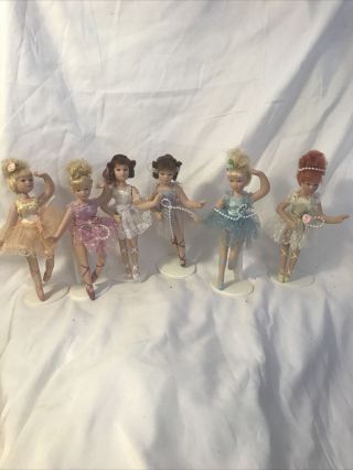 6 Vintage Posable Porcelain Ballerina Dolls 6” Tall With Stands White Purple Bl