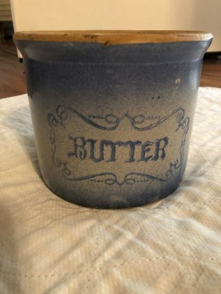 Antique Blue & White Stoneware Butter Crock