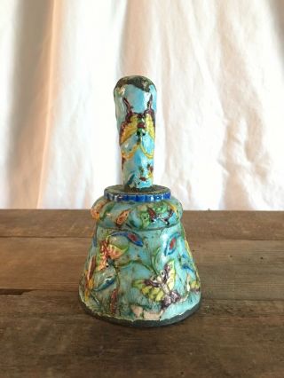 Antique Vintage Small Chinese Butterfly Floral Enameled Brass Bell 3