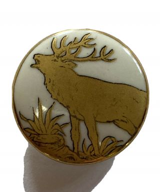 Antique Vintage Porcelain Picture Button With Heavy Gold Luster Elk