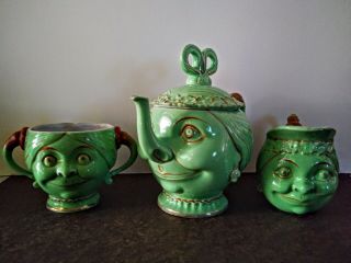 Rare Schafer Vater Figural Teapot Creamer Sugar Alice In Wonderland Halloween