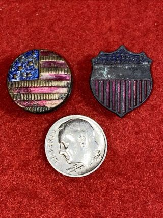 Antique Civil War Era 7 Star American Flag And Shield Cufflink Buttons Stud