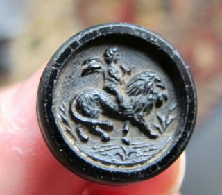 Antique Black Glass Button Of Cupid Riding A Lion High Relief 11/16 "