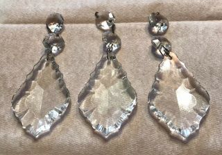 3 Large Vintage Antique Crystal Glass Prisms With 2 Jewels For Chandelier Lamp