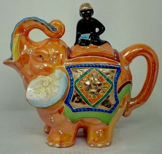Vintage Japanese Lusterware Lustreware 1930s Orange Elephant & Mahout Teapot