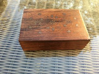 Vintage Hand Made Wooden Box With Inlaid Brass Flowers 15 X 10 Cm