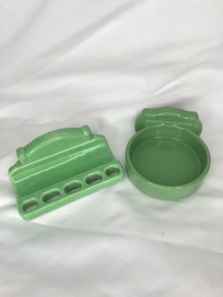 2pc Vtg Green Ceramic Bathroom Soap Dish Toothbrush Tumbler Cup Holder Wallmount