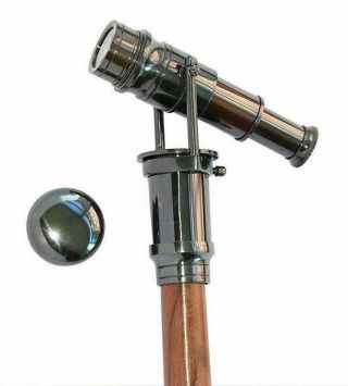 Vintage Antique Brass Handle Victorian Telescope Head Wooden Walking Stick Cane