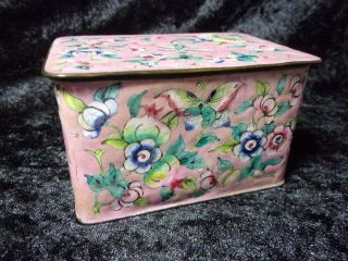 Antique Chinese Enamelled Metal Box & Cover,  Pink,  Butterflies,  Flowers.