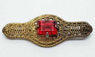 Antique Victorian Gold Gilt Brass Faceted Cherry Red Glass Gem Filigree Brooch