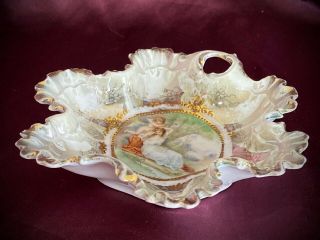Antique Royal Saxe ES Germany Iridescent Lady and Winged Cherub Nappy RS Prussia 3