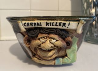 Vintage Rare Stoneware Pottery Clay 3/d Ugly/funny Face " Cereal Killer " Lg Bowl