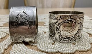 2 Ornate Antique Vtg Floral Repousse Silver Plate Napkin Ring Holders W/ Names