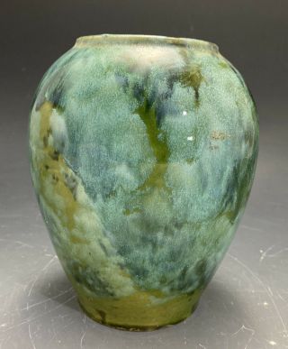 Antique 1920s Brush Mccoy American Art Pottery Green Onyx Drip Glaze 6.  5 " Vase