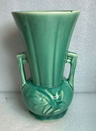 Vintage Rare Mccoy Pottery 2 Handled Green Gloss 8 " Vase C1940 