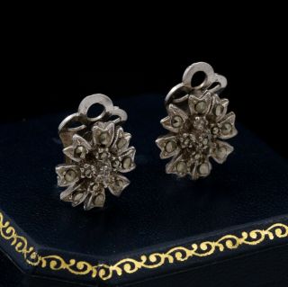 Antique Vintage Art Deco White Metal English Marcasite Floral Cluster Earrings