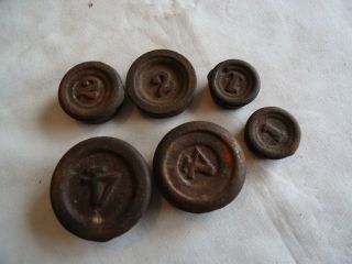 6 Antique Cast Iron Scale Weights,  1 Oz To 4 Oz,  Tiny,  Great Decor