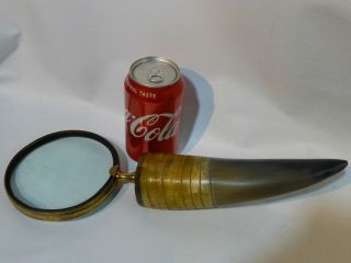 Vintage Large Magnifier W/ Big Buffalo Horn Handle & Brass Parts Rare & Good