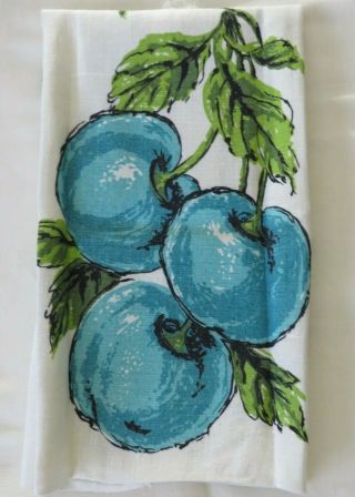 Vtg Antique Cup Tea Kitchen Dish Towel Linen Huge Aqua Fruit Mid Century