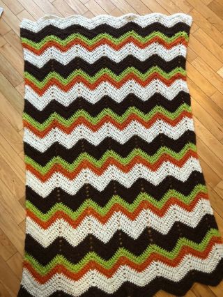 Vintage Retro 70 ' s Hand Knit Afghan Blanket Lap Throw Chevron Brown Orange Green 2