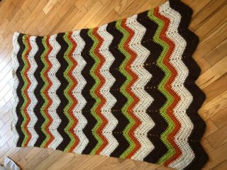 Vintage Retro 70 ' s Hand Knit Afghan Blanket Lap Throw Chevron Brown Orange Green 3