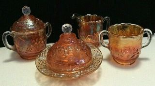1910 Fenton Waterlily & Cattails Marigold Carnival Glass 4 Pc Table Set Rare