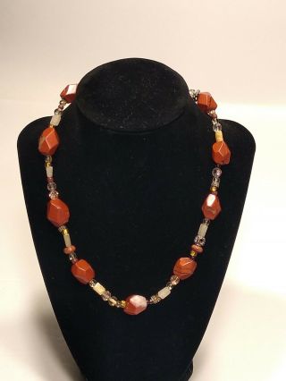 Vintage Rare Faceted Nigerian Red Jasper Large Bead 18 " Necklace With Goldstone