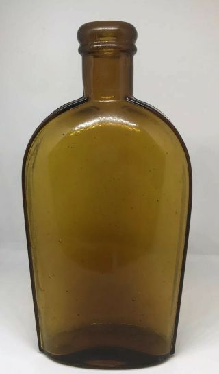 Antique Strap Sided Amber Glass Whiskey Flask Bottle Ca.  1890 No Name