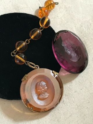 Vtg Antique Carved Purple Amber Glass Cameo Jewelry Parts For Repair Repurpose