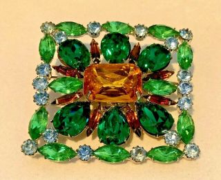 Rare Vintage Huge 3” Juliana D&e Silvertone Green Glass Rhinestone Brooch Pin