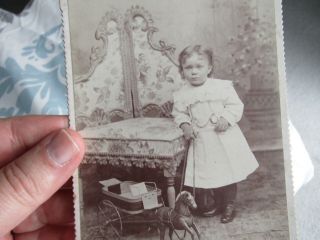 Rare Clear Cabinet Card,  Cute Girl,  With Toy Horse And Cart,  Moms Watch Han