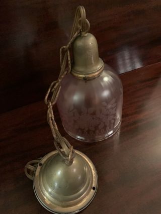 Antique Brass Hanging Lamp Ceiling Fixture Victorian Etched Glass Electrified