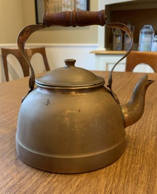 Primitive Antique Copper Tea Pot Kettle With Wood Handle