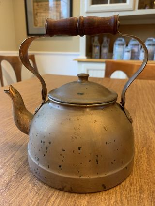 Primitive Antique Copper Tea Pot Kettle With Wood Handle 3