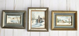 Three Small Vintage Framed Oil Paintings Winter Scenes Signed " Arlene "