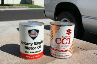 2 Vintage Oil Cans Rare 1 Full Quart Suzuki Motor Oil Can & Empty Rotary Oil Can
