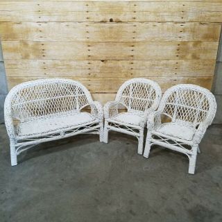 Vintage Small White Wicker Furniture Set Loveseat 2 Chairs Small Table